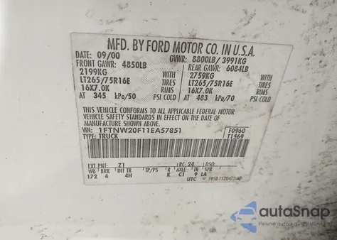 2001 Ford F-250 Lariat/Xl/Xlt из США, поврежденный, VIN 1FTNW20F11EA57851